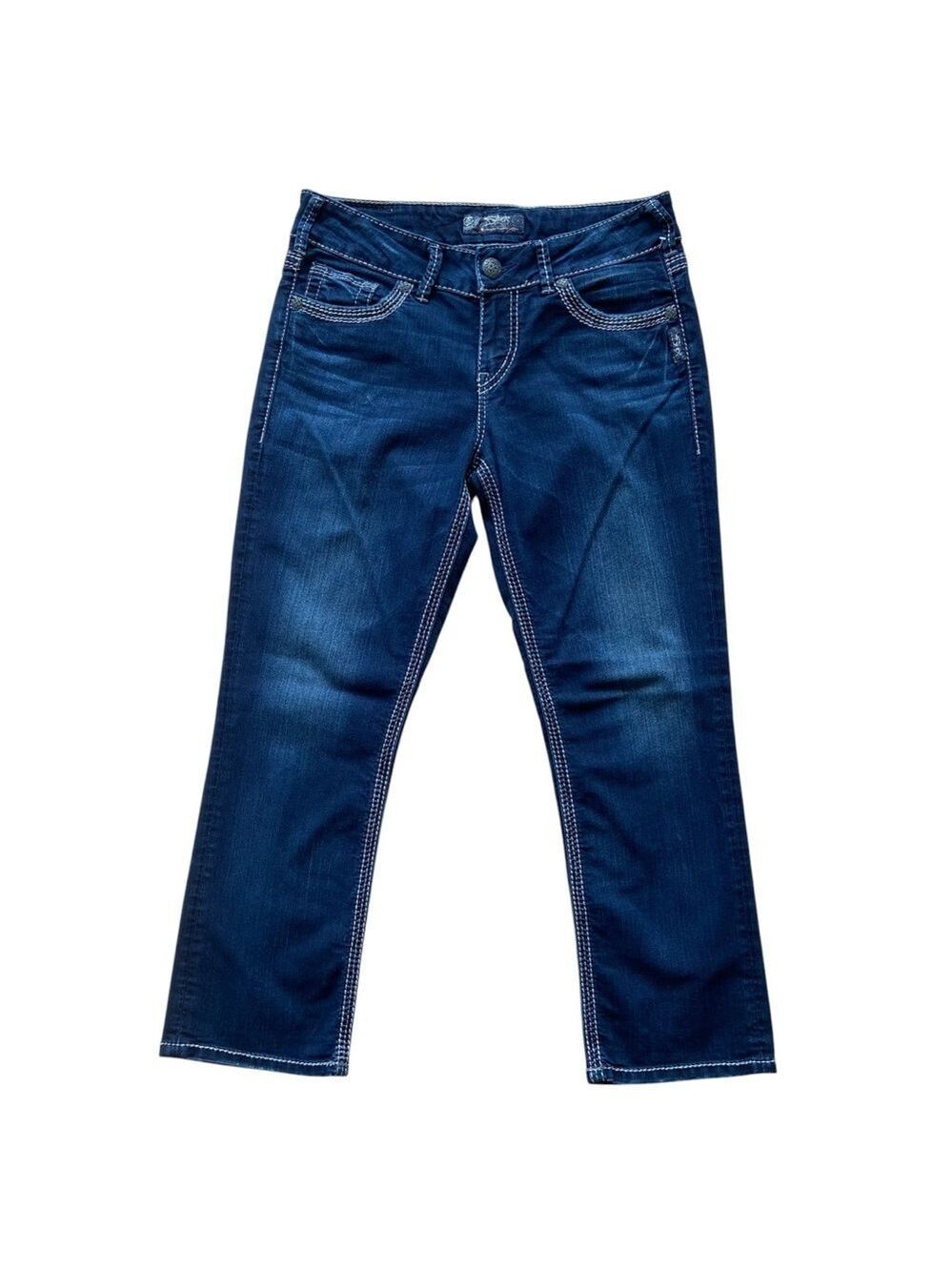 Silver jeans Mid Suki Capri crop blue denim mid rise double stitches straight 28